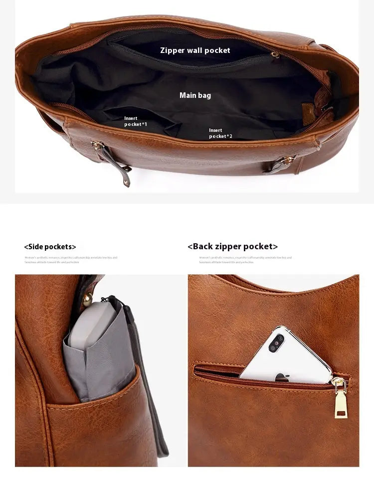 Brown leather hobo bag with tassel and multiple front zipper pockets designed as a crossbody with several compartments.