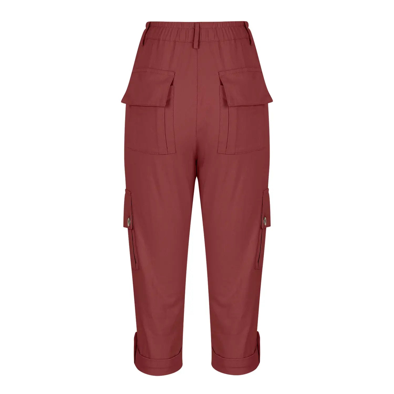 Pantalons capri cargos couleur rouille pour femmes avec taille haute, multiples poches, ourlets retroussés et style de pantalon décontracté.