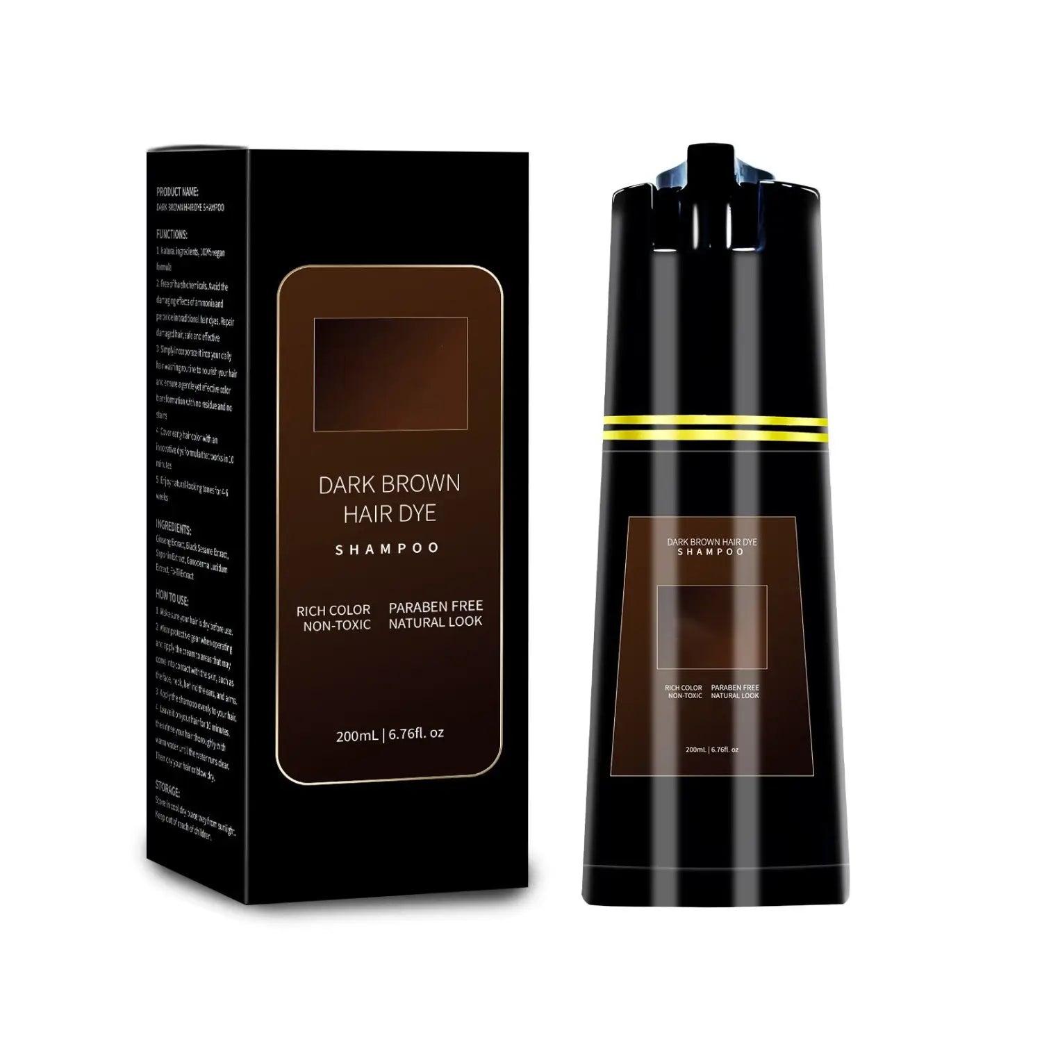Black bottle of dark brown hair dye shampoo with gold accent bands and matching black box featuring moisturizing formula in 200ml size.