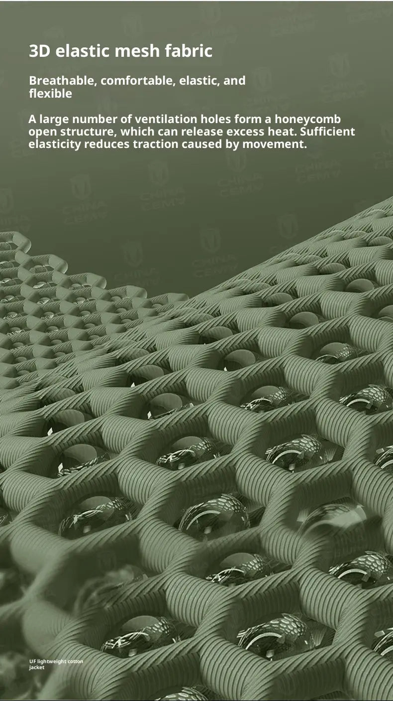 Tissu élastique vert en maille 3D à motif alvéolé (nid d’abeille) présenté dans une veste tactique légère en coton softshell.