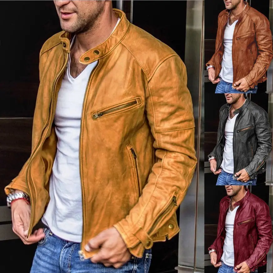 Men pu leather punk motorcycle jacket in tan featuring zipper details and snap buttons with a stand collar