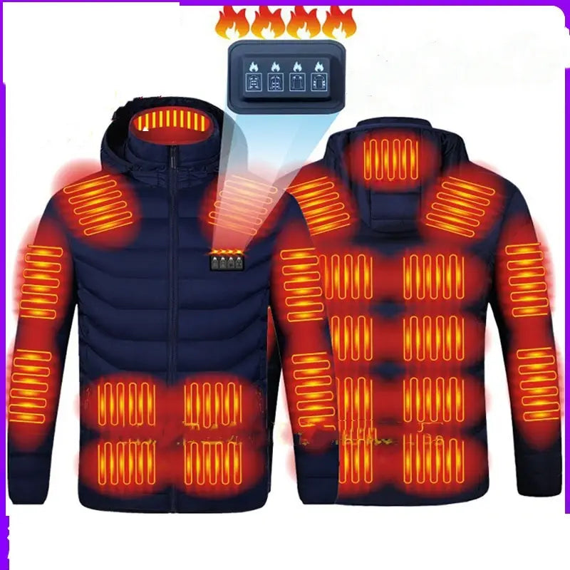 Dunkelblaue Damen-Heizsteppjacke aus Baumwolle mit leuchtenden orangefarbenen Heizelementen entlang der Schultern, Arme und des Rumpfs, dargestellt von der Rückseite.