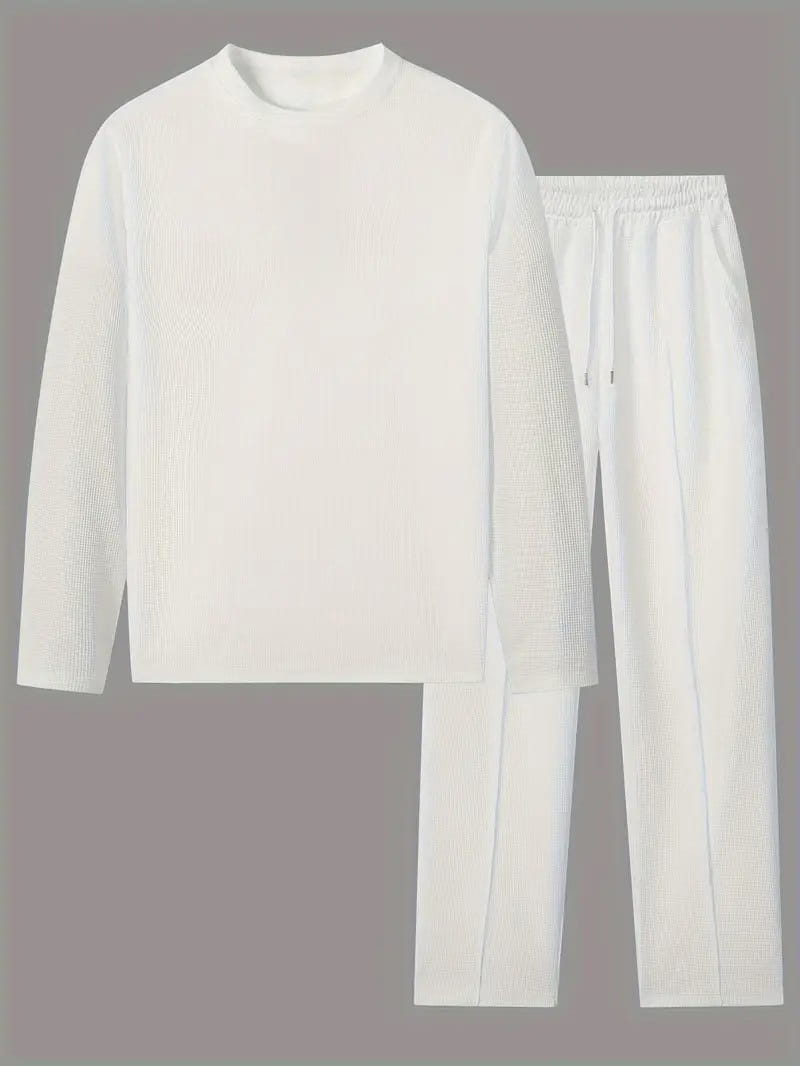 white ribbed knit long-sleeve top and matching pants solid color sweatshirt jogger set for men in minimalist style