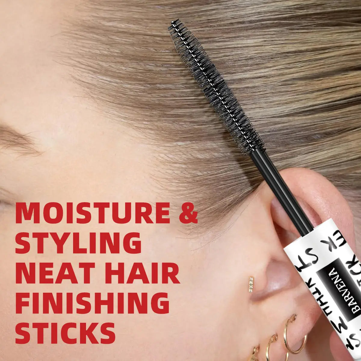 Bâton-brosse de mascara noir avec un tube étiqueté blanc et noir comportant un texte rouge intense, bâtonnets de finition soignés pour l’hydratation et la mise en forme, pour le contrôle des frisottis des cheveux, bâton de coiffage portable bn7208.