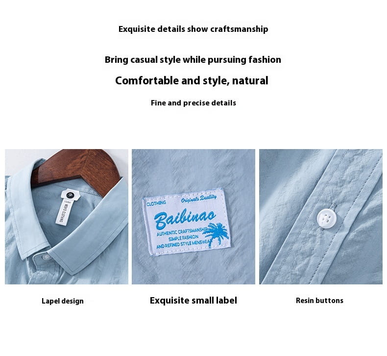 Hellblaues baibinoo gestreiftes Baumwollhemd mit kurzem Arm im lässigen Stil, mit sauberem Revers, dezent gewebtem Label und weißen Resin-Knöpfen.