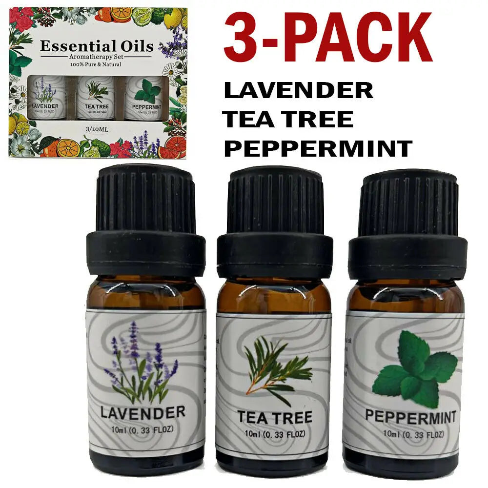 Three amber glass bottles with black ribbed caps labeled with botanical illustrations and scents lavender tea tree and peppermint containing 10ml essential oil in an essential oil set 3 pack.