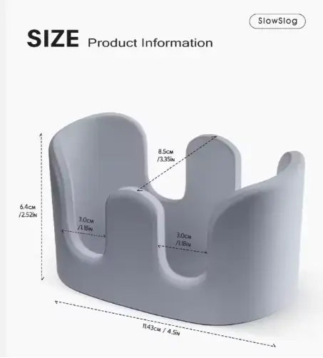 gray silicone baby seat with curved ergonomic design and measurement markings shown alongside a diatom mud sponge rack kitchen sink caddy organizer