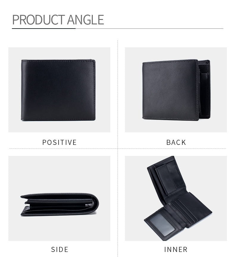 Men’s genuine leather bifold wallet in black featuring multiple card slots and a clear ID window with a coin pocket.