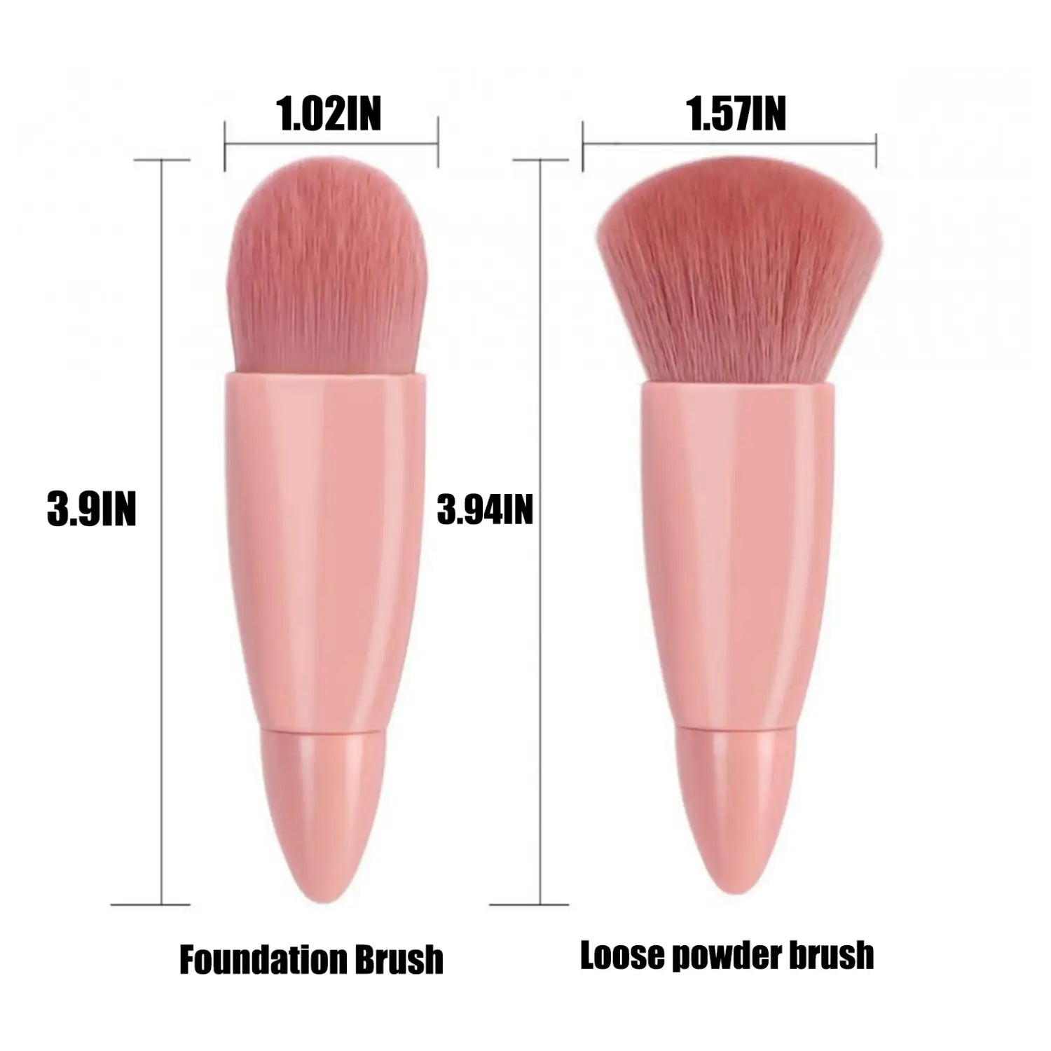 makeup brush set with mirror consisting of five pink plastic-handled brushes with soft fluffy bristles designed for foundation and loose powder application in a portable kit