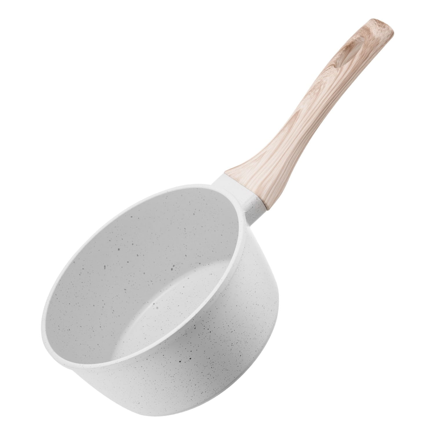 White speckled nonstick 1.5 qt saucepan with detachable light wood handle suitable for versatile cooking.