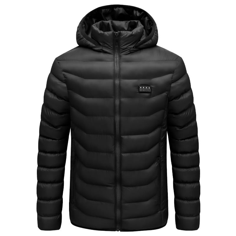 black multi zone quilted electric heated puffer jacket with detachable hood displayed from the back
