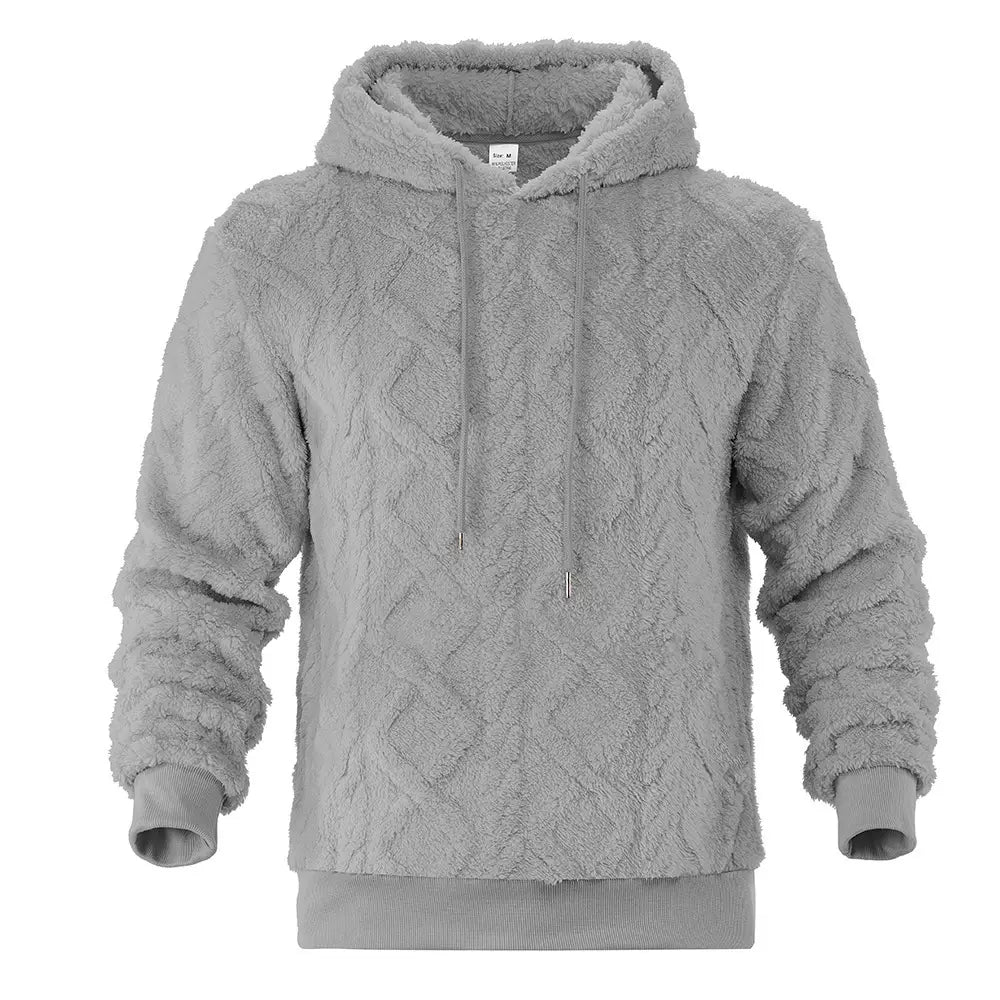 Men’s gray fleece lined knit hoodie featuring a textured diamond pattern and matching drawstrings.