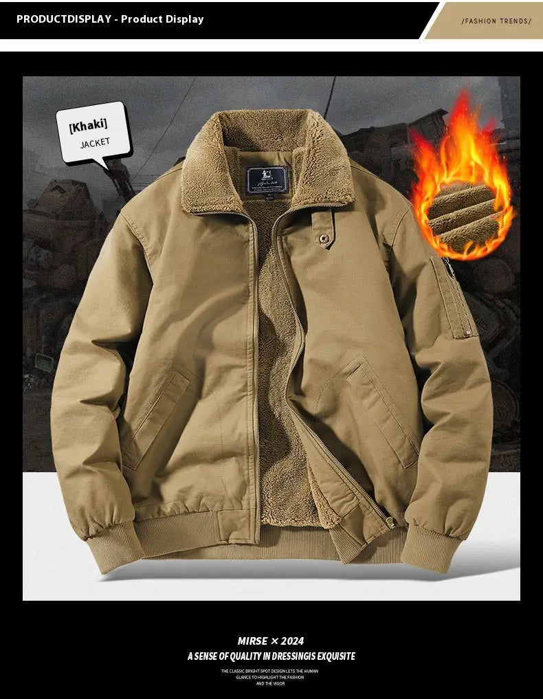 men cotton shearling bomber jacket in khaki with plush fleece-lined collar and interior for added warmth