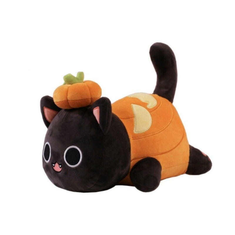 Cute black plush cat wearing an orange pumpkin costume with a green stem on top is a 25cm stuffed animal toy for kids.