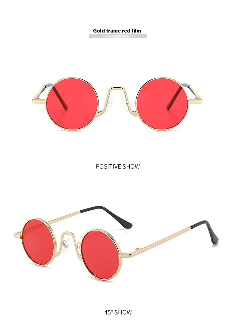 retro round hip hop sunglasses with gold frame and vibrant red mirrored lenses.