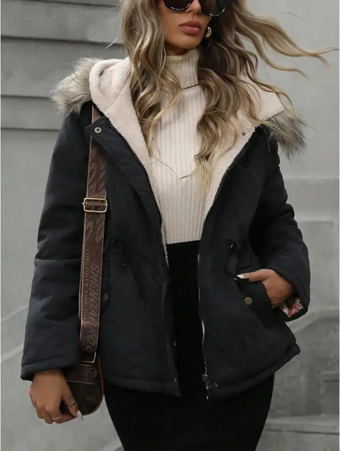 Black puffer jacket with a plush white shearling-lined hood and faux fur trim designed as a navy blue winter parka faux fur hood.