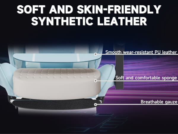 A light blue gaming chair with footrest and massage lumbar support featuring cushioned seating with a soft and skin-friendly synthetic leather exterior.