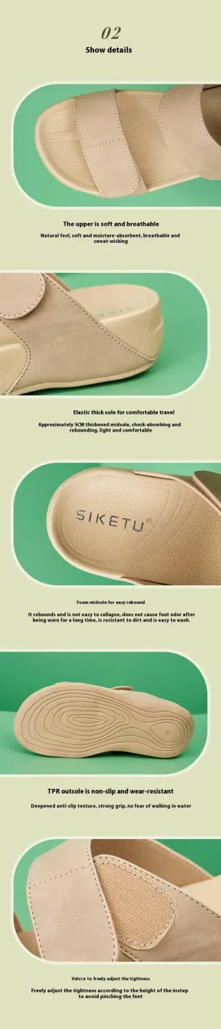 Beige suede slip-on mules with a minimalist design and siketu embossed on the insole as women’s platform sport sandals with velcro straps.