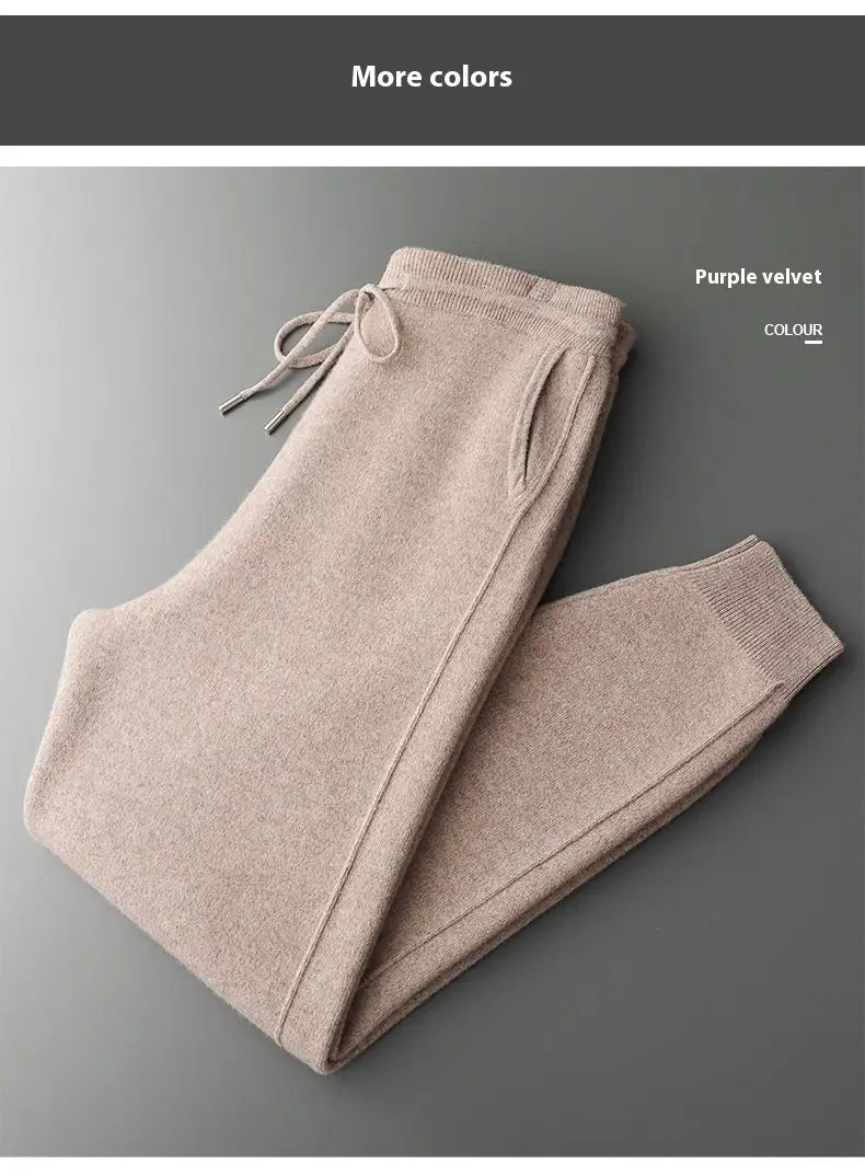Beige purple velvet men’s wool harem pants high waist casual joggers with a soft textured knit and elastic drawstring waistband.