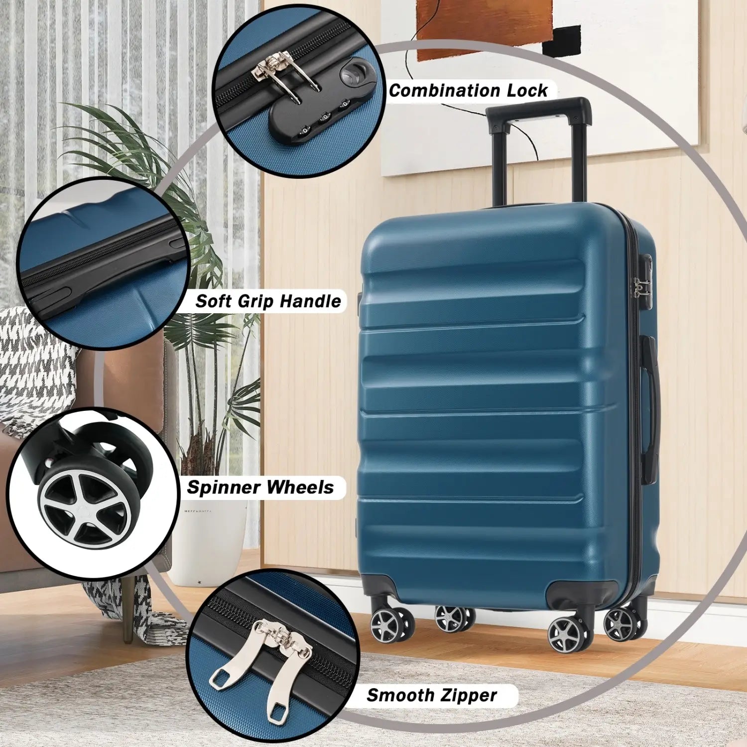 Inky Blue 12 piece abs hardshell luggage set featuring a blue hard-shell suitcase with black spinner wheels combination lock and smooth zipper.