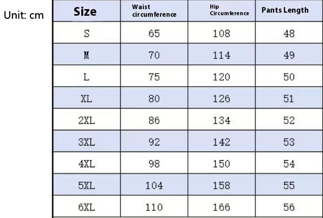 Size chart for turtle quick drying beach pants showing measurements in centimeters for sizes s to 6xl.