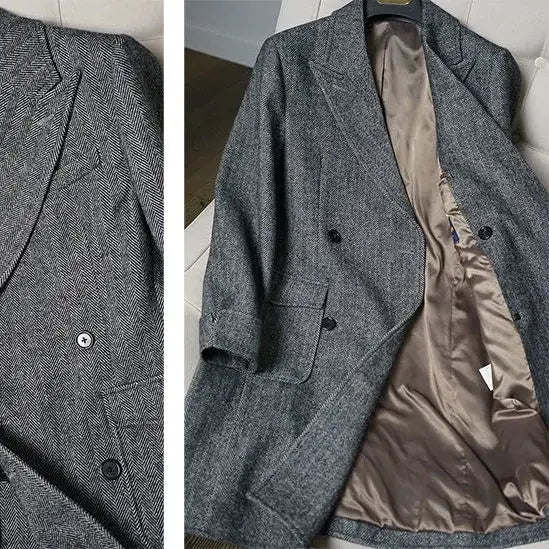 Gray herringbone wool double-breasted British vintage woolen coat with a satin-lined interior and slim tweed blazer design.