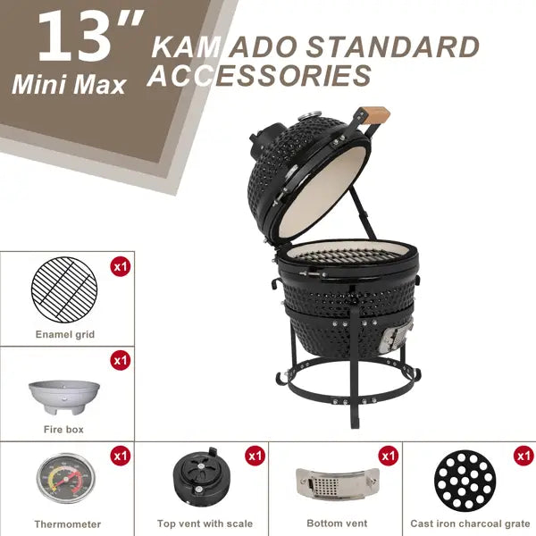 Black 13 inch ceramic kamado charcoal grill with a glossy finish and wooden handle on the lid.