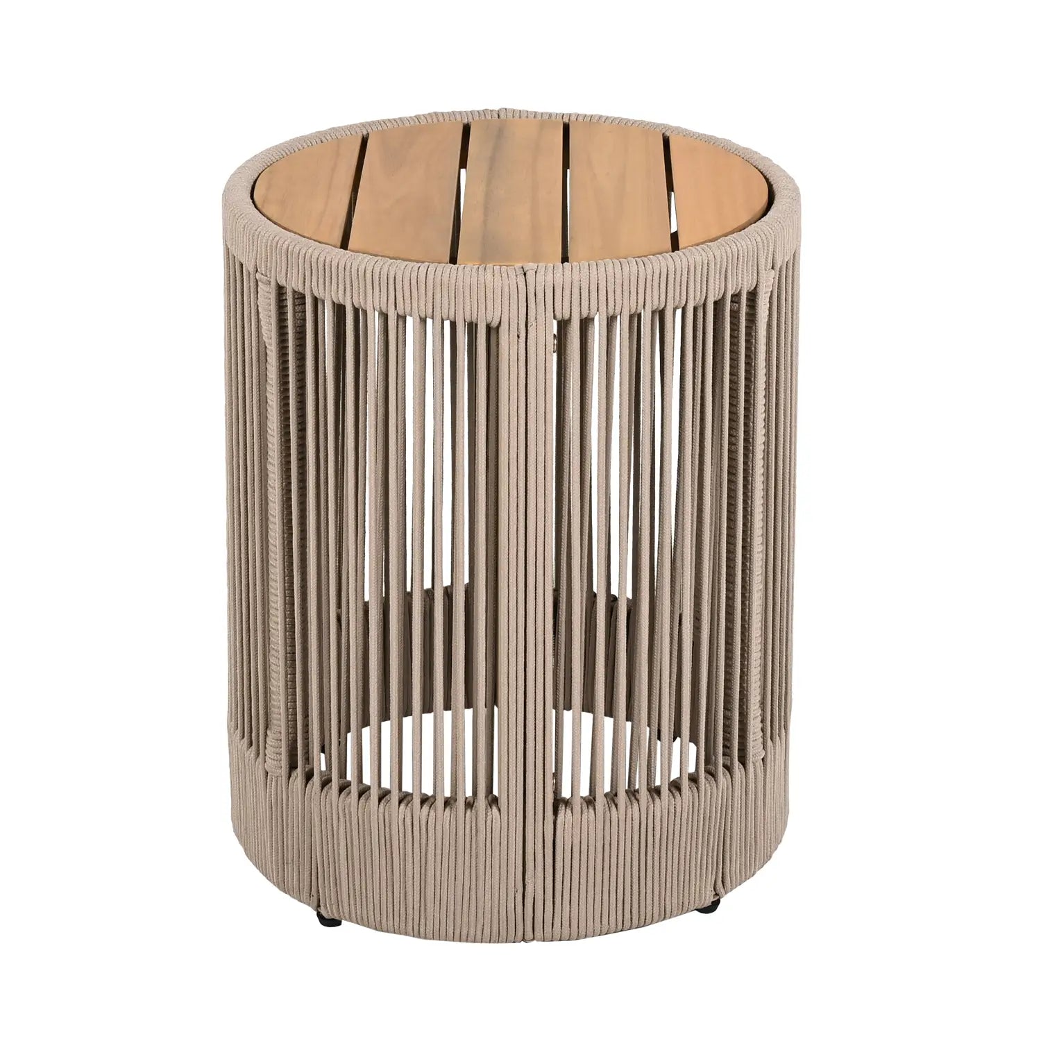 Beige woven rattan side table with a light wood slatted top from the rustic industrial table set woven rope coffee side table collection.