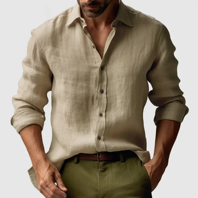 Men’s slim fit beige digital print linen blend casual shirt with a classic collar and rolled sleeves.