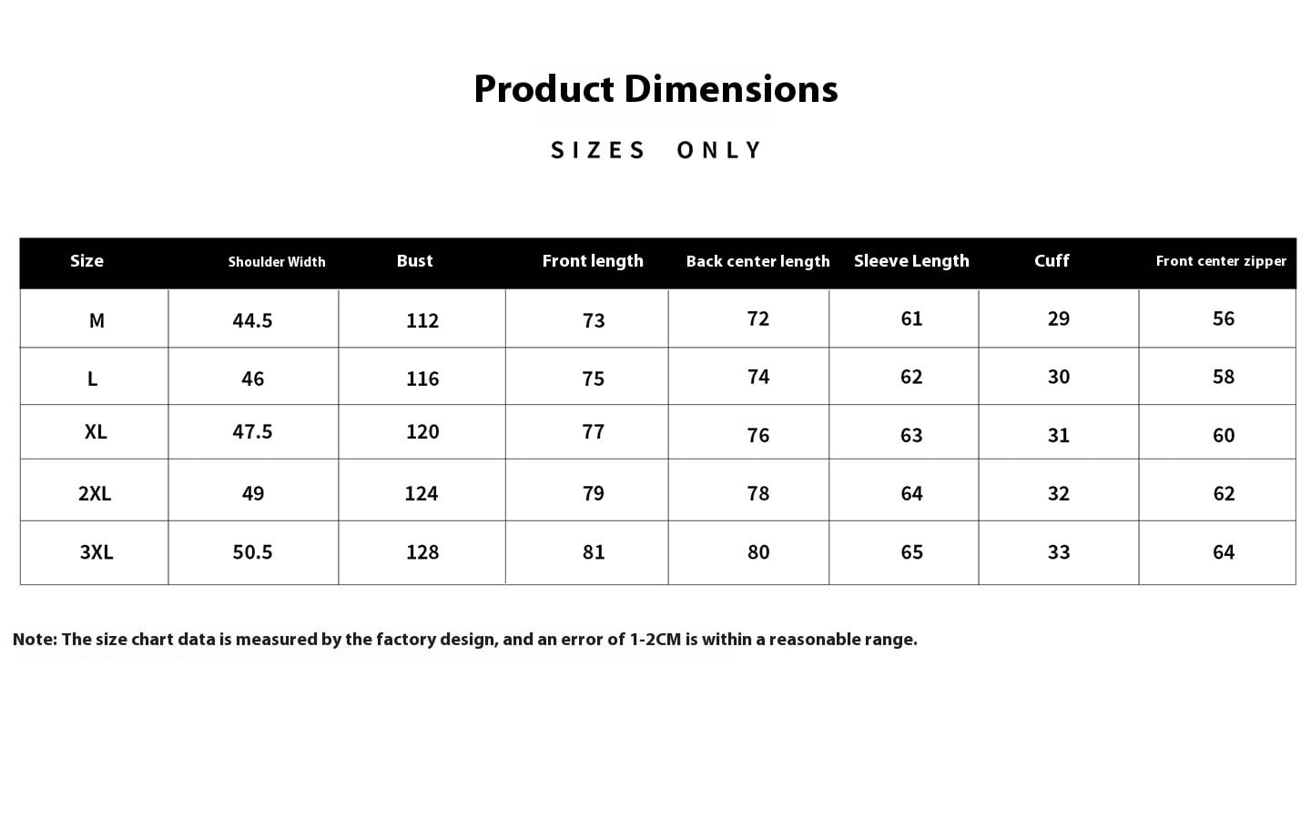 Tabelle der Produktabmessungen mit Schulterbreite- und Brustmessungen in Zentimetern für die Herren-Lyocell-Mischung Utility-Safarijacke mit Klappentaschen in den Größen M bis 3XL.