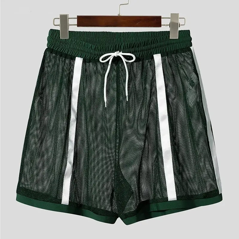 Men quick dry athletic shorts in dark green mesh with white side stripes and a matching drawstring waistband