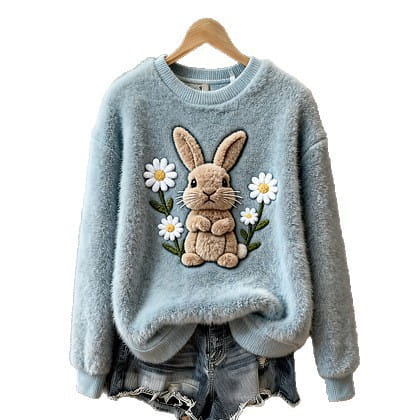 Hellblauer flauschiger Crewneck-Pullover mit beigem besticktem Kaninchen, umgeben von weißen Gänseblümchen, entworfen für Weihnachten.