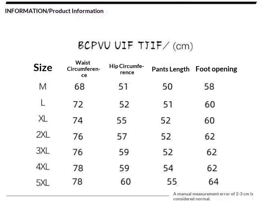 Guide des tailles pour les shorts de plage en coton lin pour hommes, présentant les mesures du pantalon en centimètres, pour les tailles allant de M à 5XL.