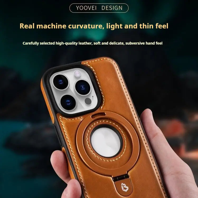 Tan leather iphone 16 pro max magnetic case with a circular magnetic ring stand and precise stitching shown from the back.