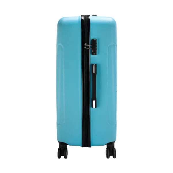A sleek light blue hard-shell suitcase with black zippers and wheels from the 3-in-1 blue textured rolling hardshell suitcase set.