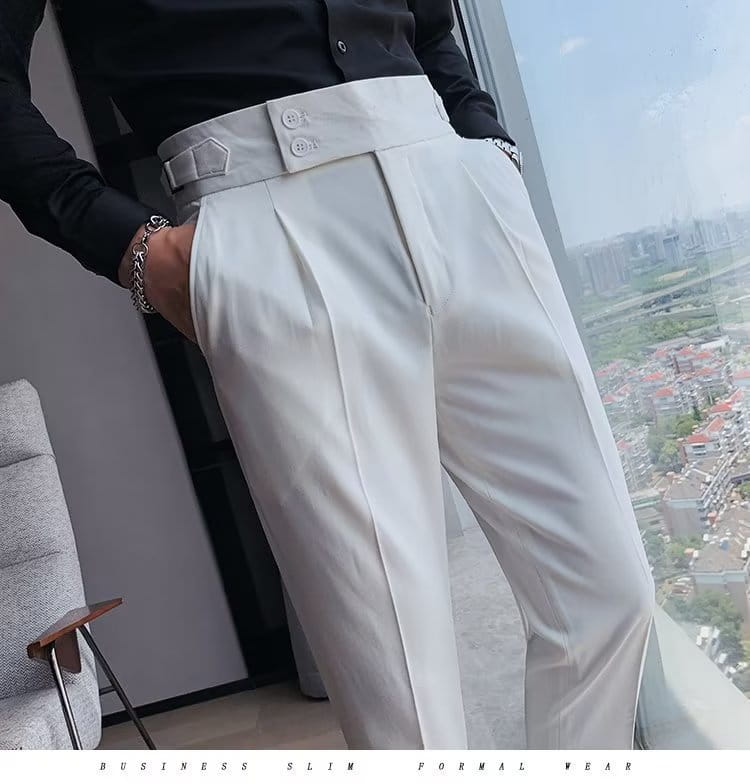 a pair of light gray high-waisted slim fit formal trousers with a structured belt and buttoned waistband in korean style for men