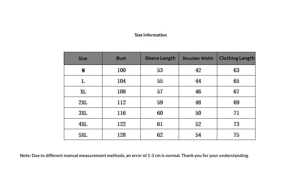 Tableau des informations de taille pour une chemise en lin à manches longues avec poches, présentant les mesures du vêtement en centimètres pour les tailles m à 5xl.