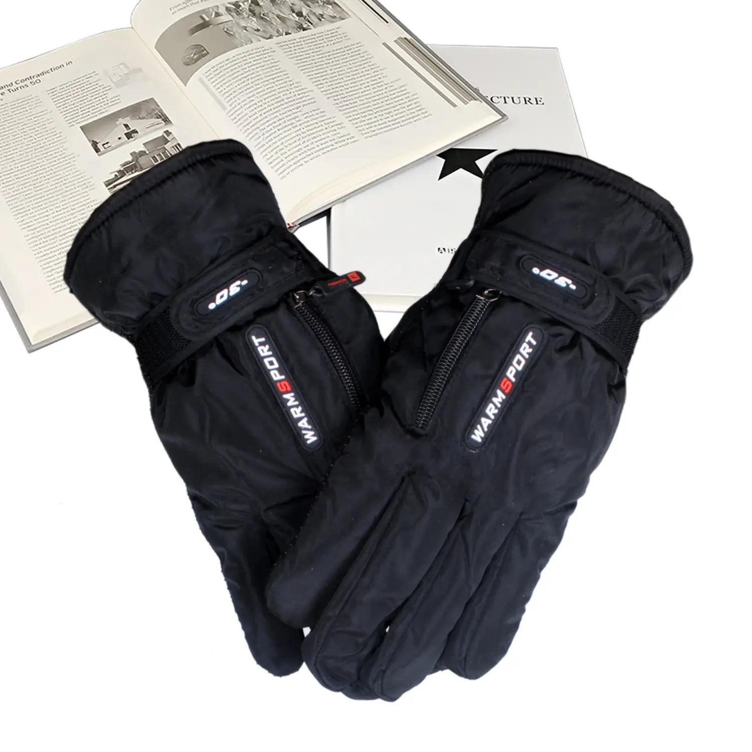 Men’s black insulated windproof thermal cycling gloves showing the back side with warm sport branding and zipper details.