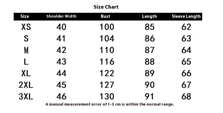 Size chart in centimeters for a faux fur hooded quilted winter jacket displaying measurements from size XS to 3XL.