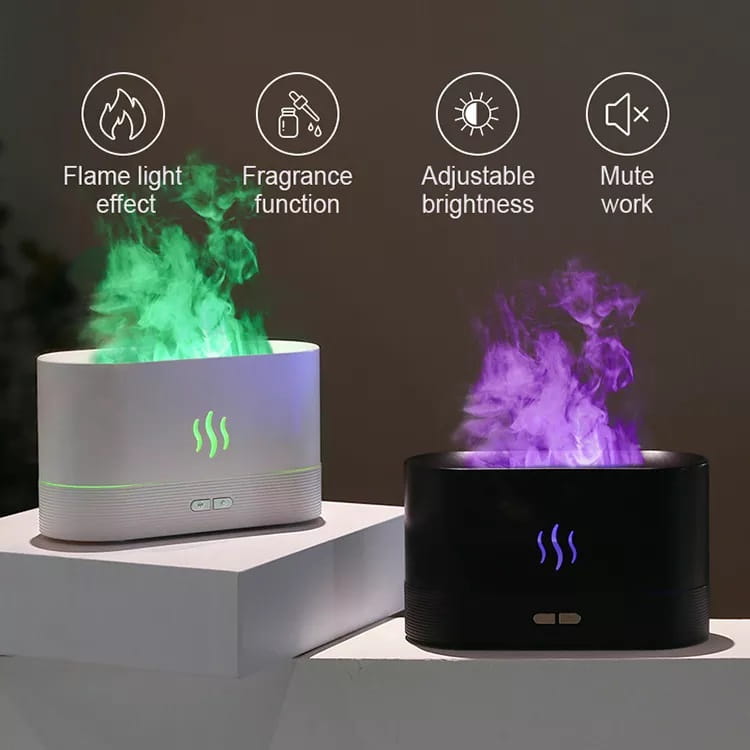 White and black cylindrical flame humidifier rgb essential oil aroma diffusers with flame light effect, adjustable brightness, fragrance function, and mute work.