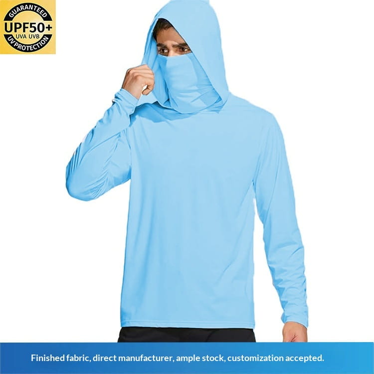 Sudadera con capucha para exteriores de seda de hielo color azul claro, con máscara facial integrada para protección solar.