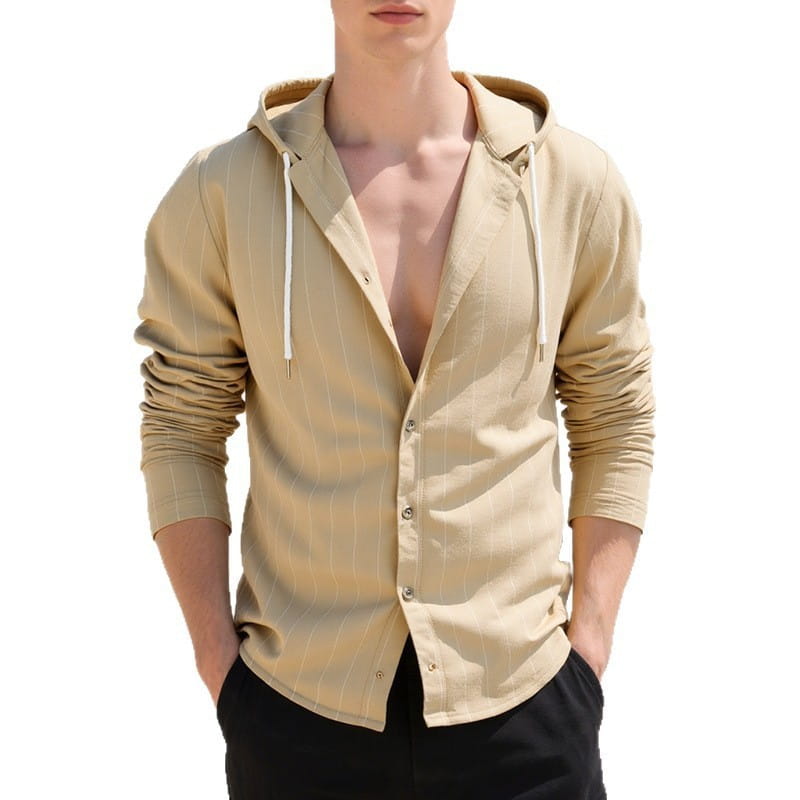 Beiges Nadelstreifen-Kapuzen-Leinenhemd für Herren, Slim Fit, mit weißen Kordeln, hochgeknöpft.