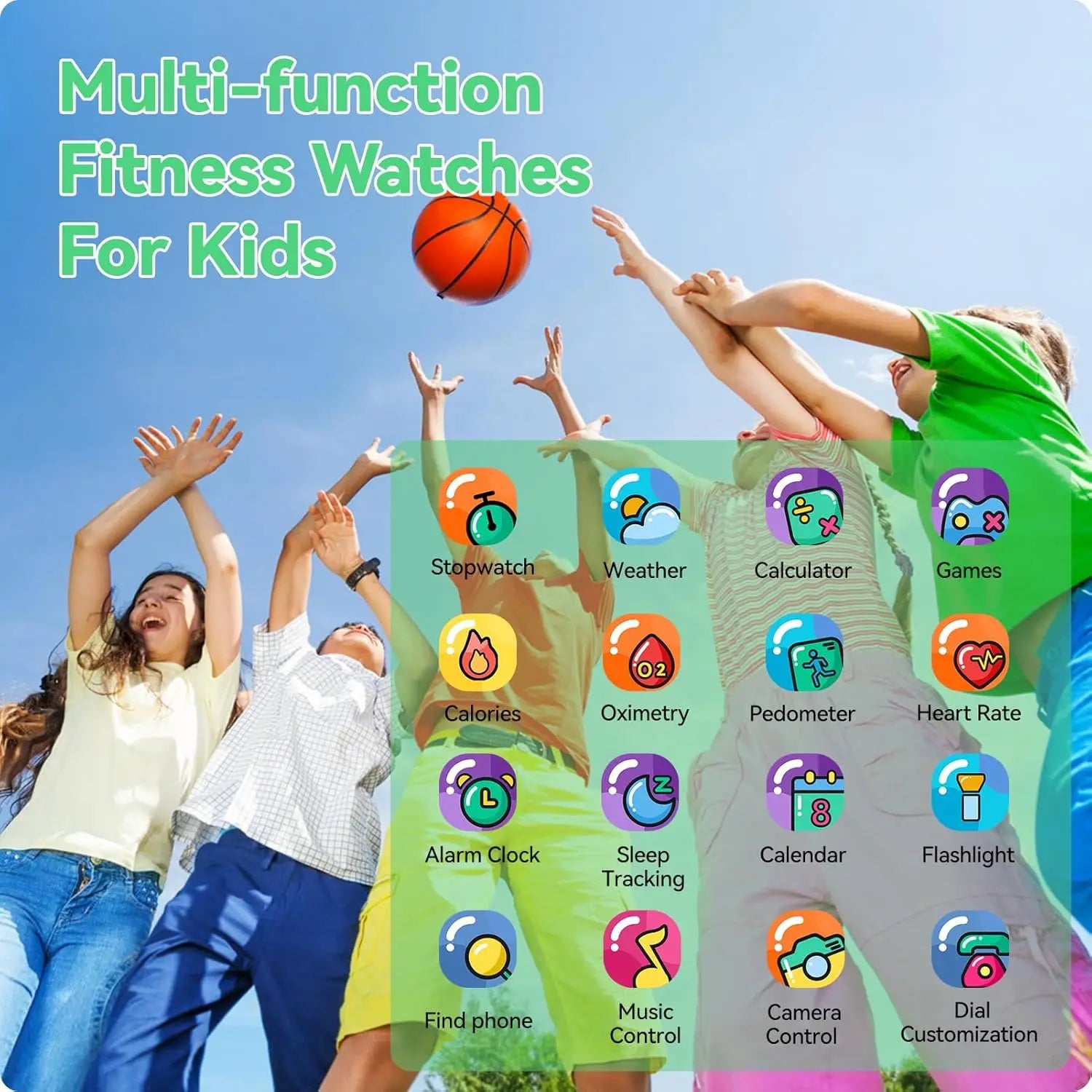 K1 Kids waterproof smartwatch with fitness tracking displaying colorful icons on a transparent multifunctional screen.