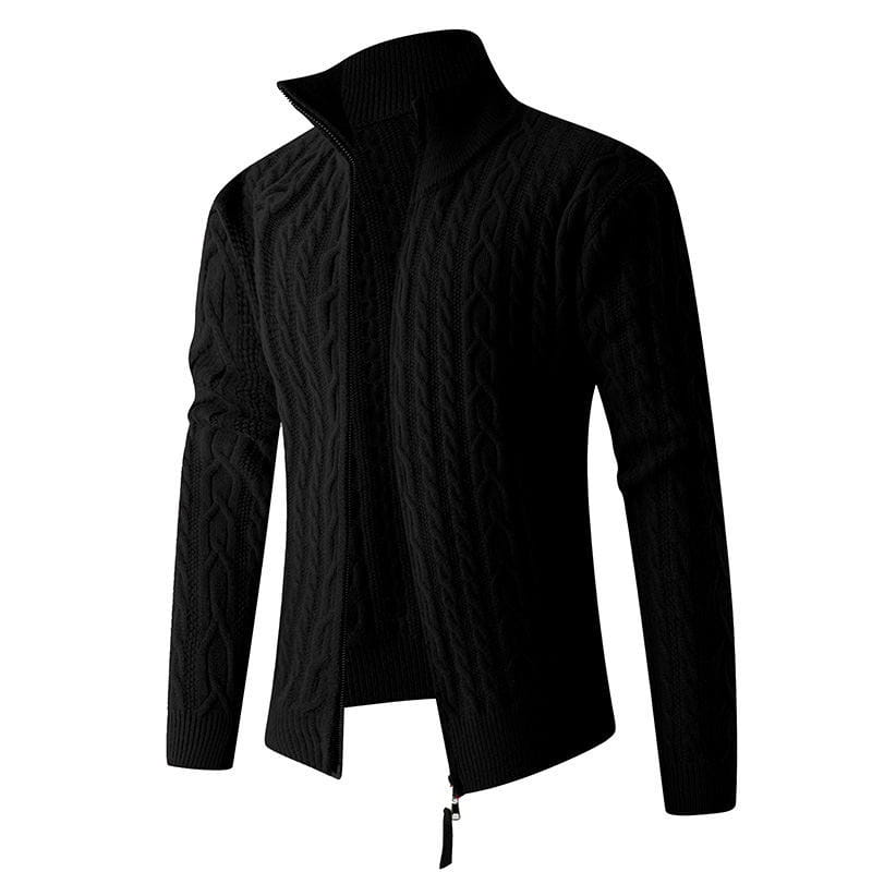 men thick half zip cable knit sweater in black featuring a high collar, ribbed cuffs, and a zip-up front made from thick knit material.