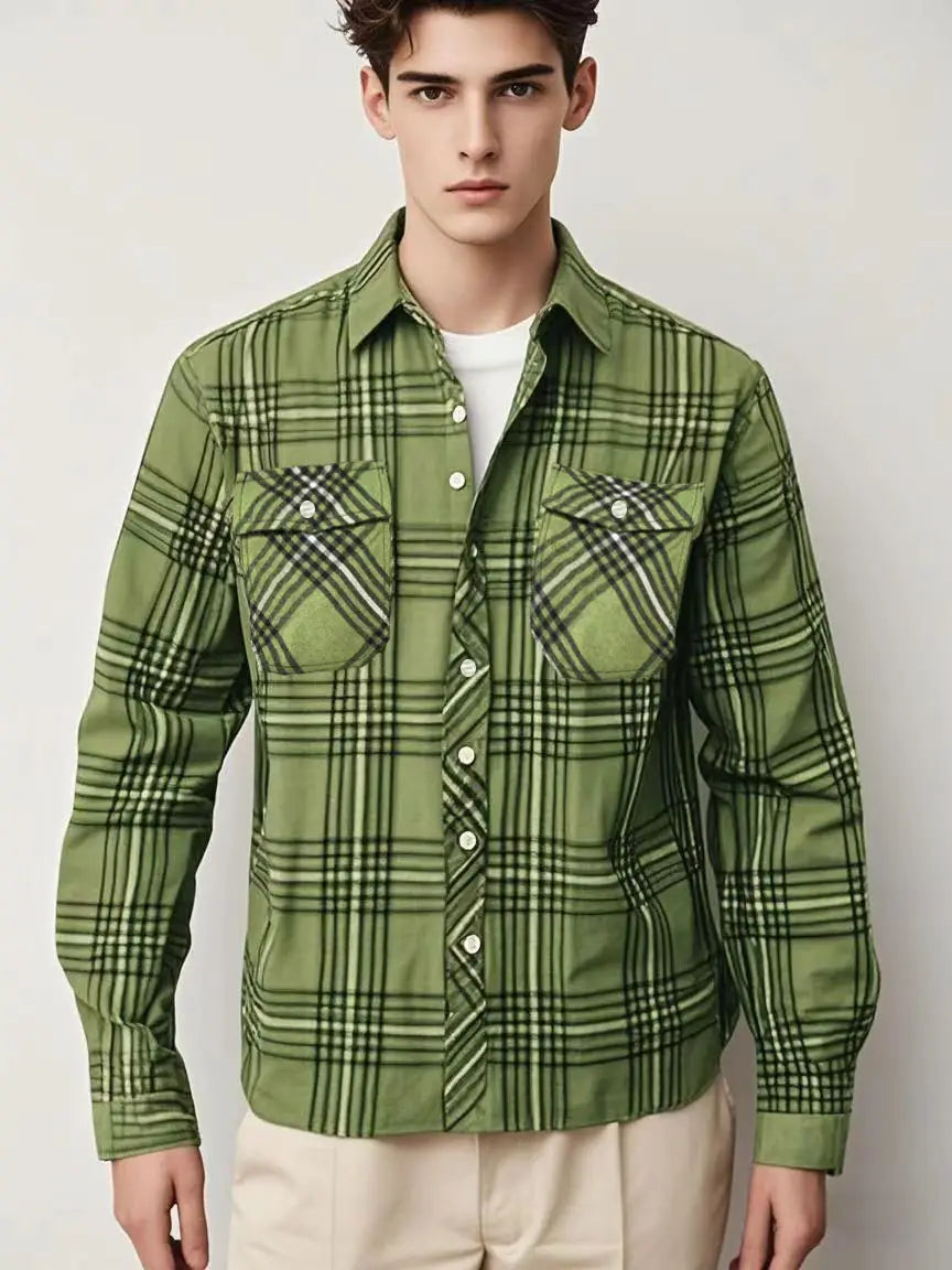 Men’s slim fit plaid flannel button up shirt in olive green with black and white intersecting stripes featuring two chest pockets with matching patterned flaps.