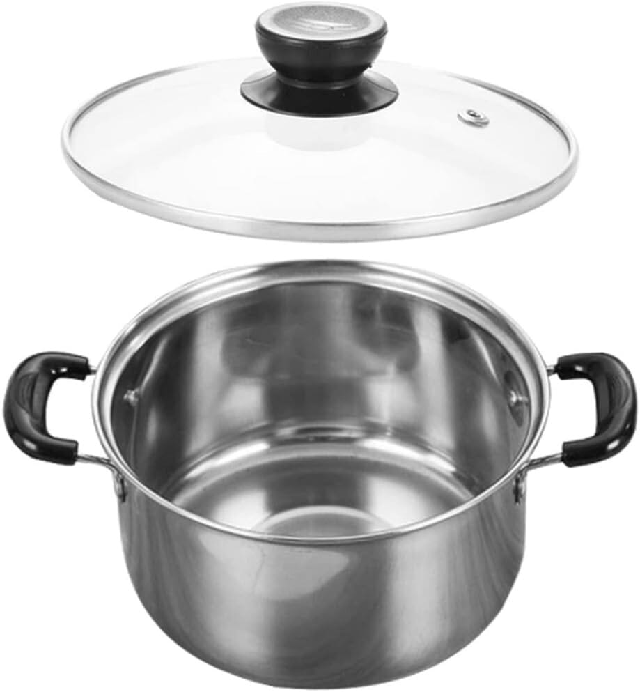 Stainless steel induction cookware set five pieces featuring a stainless steel pot with black plastic handles and a clear glass lid with a black knob.