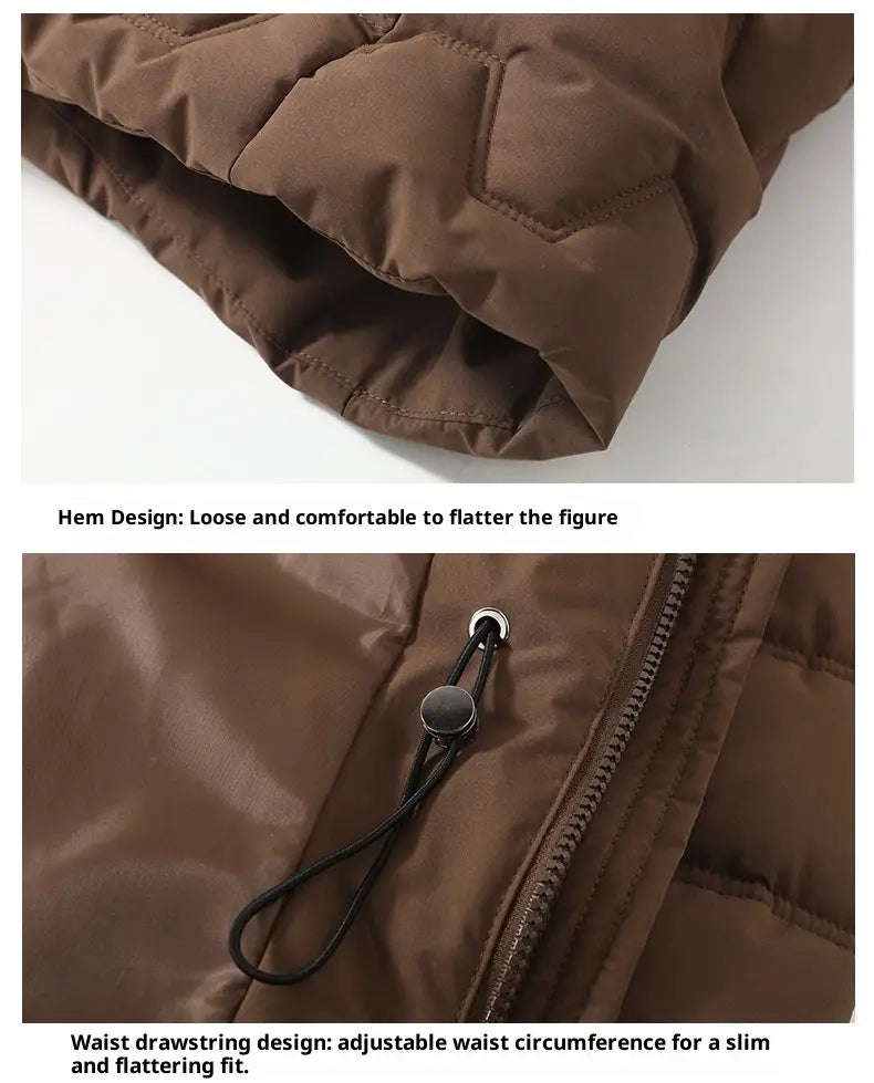 Braune wattierte Pufferjacke mit mittlerer Länge für Damen mit Saumdesign und Taillen-Ziehschlaufe für eine verstellbare Passform.