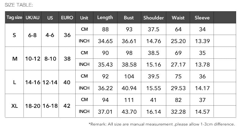 Size chart for women’s floral v-neck ruffle dress with waist tie showing measurements in centimeters and inches for sizes s through xl.