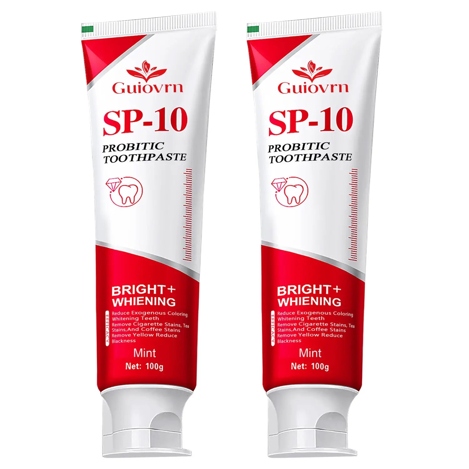 two tubes of guiovrn sp-10 probiotic whitening toothpaste sp10 mint 100g 2 pack with white and red packaging featuring mint flavor