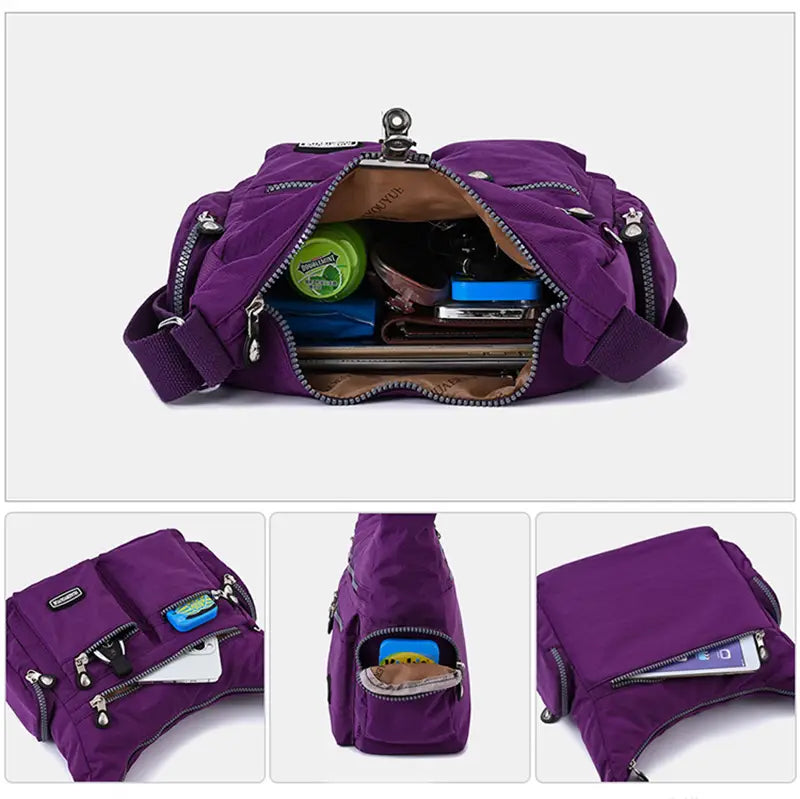 Purple waterproof nylon crossbody shoulder bag with multiple zippered compartments and a silver-toned metal clasp.